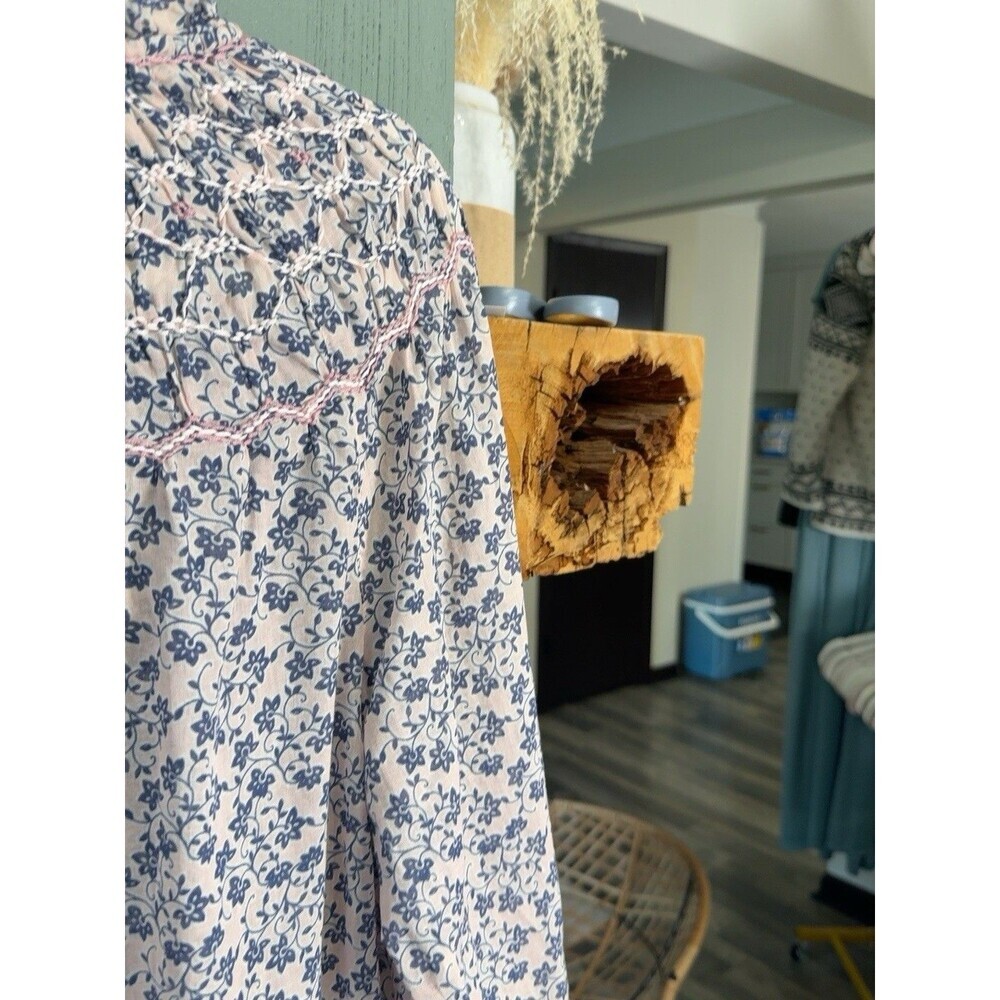 J.Jill Floral Blouse Ruffle Neck Boho Cottagecore Romantic Cotton Pink Navy M - Picture 6 of 10
